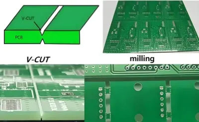 CNC router cutting PCB to final shape with V-scoring marks