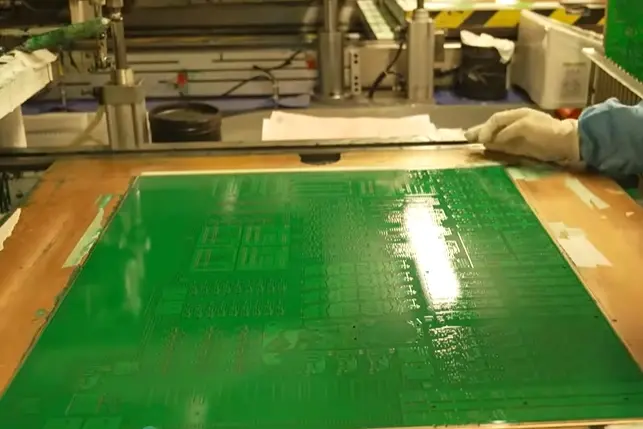 PCB with green solder mask applied, exposing only pads